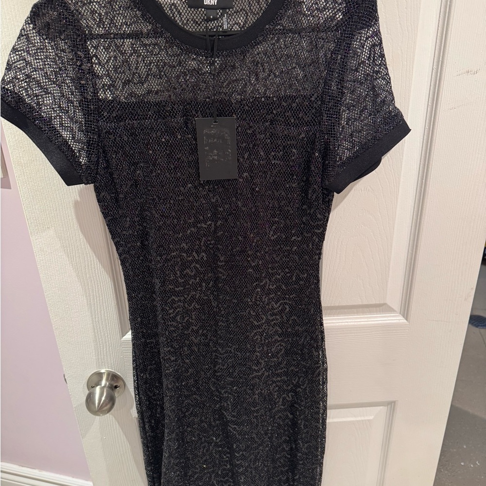 DKNY Black Sheer Short-Sleeve Knit Dress with Rib Trim